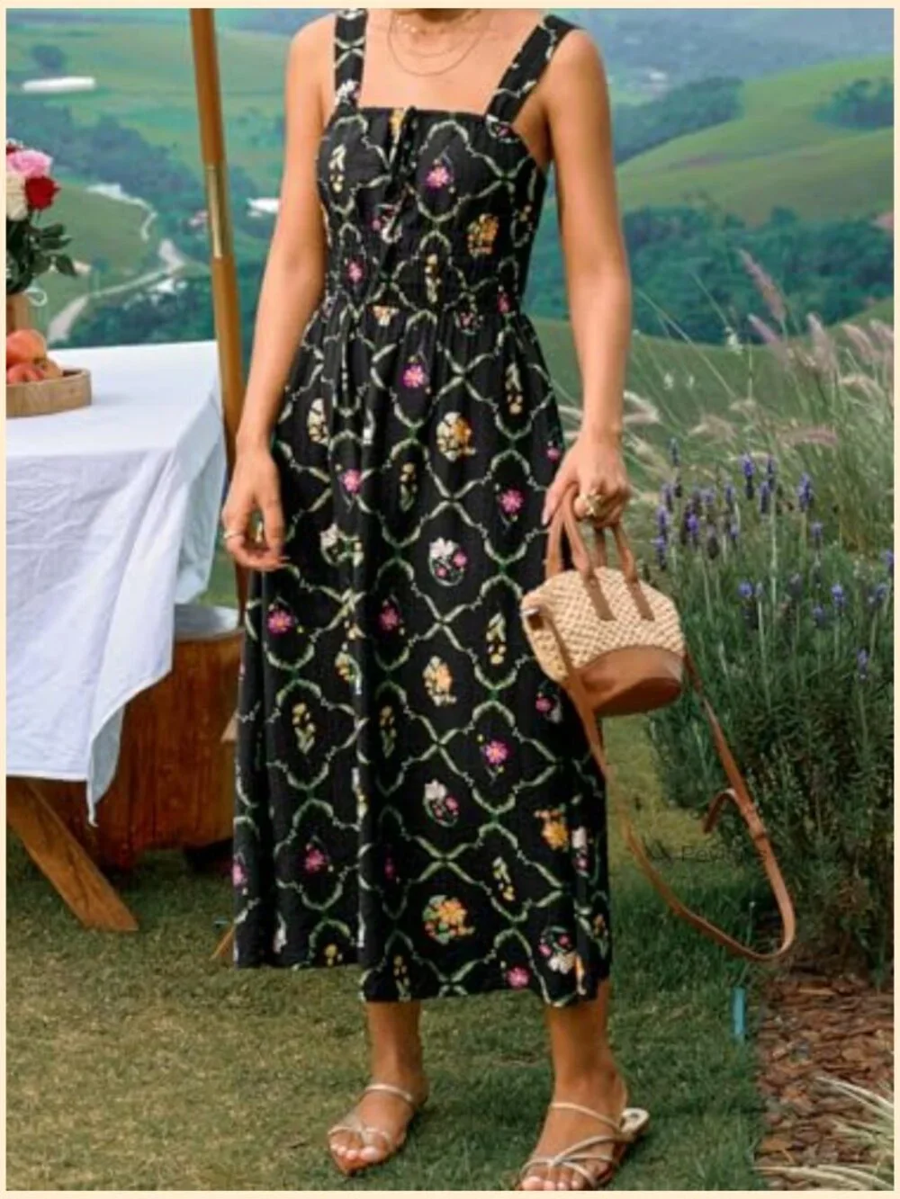Backless Square Neck Smocked Midi Dress with Pockets - Picture 6 of 7